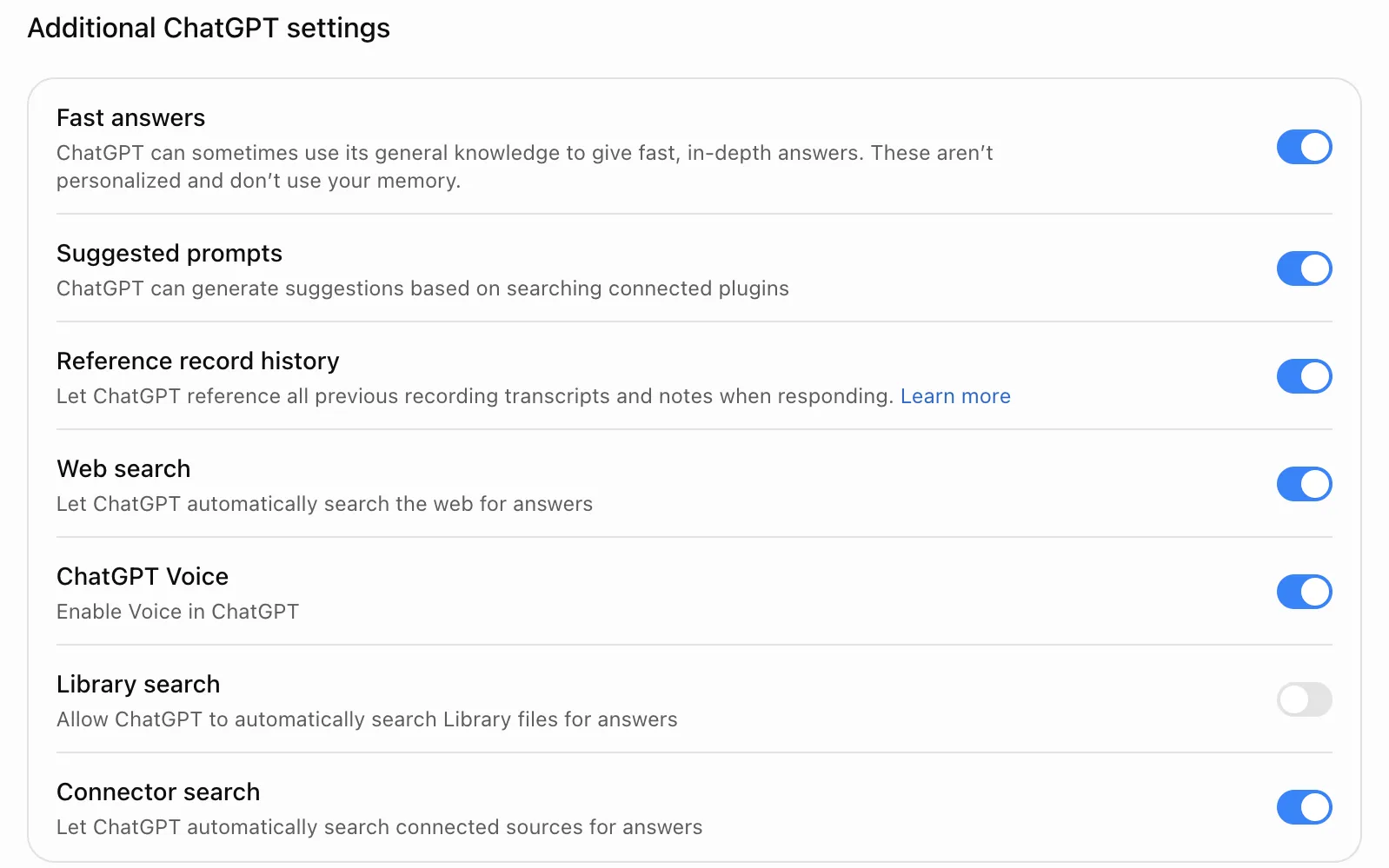Additional ChatGPT settings with Web search switched on