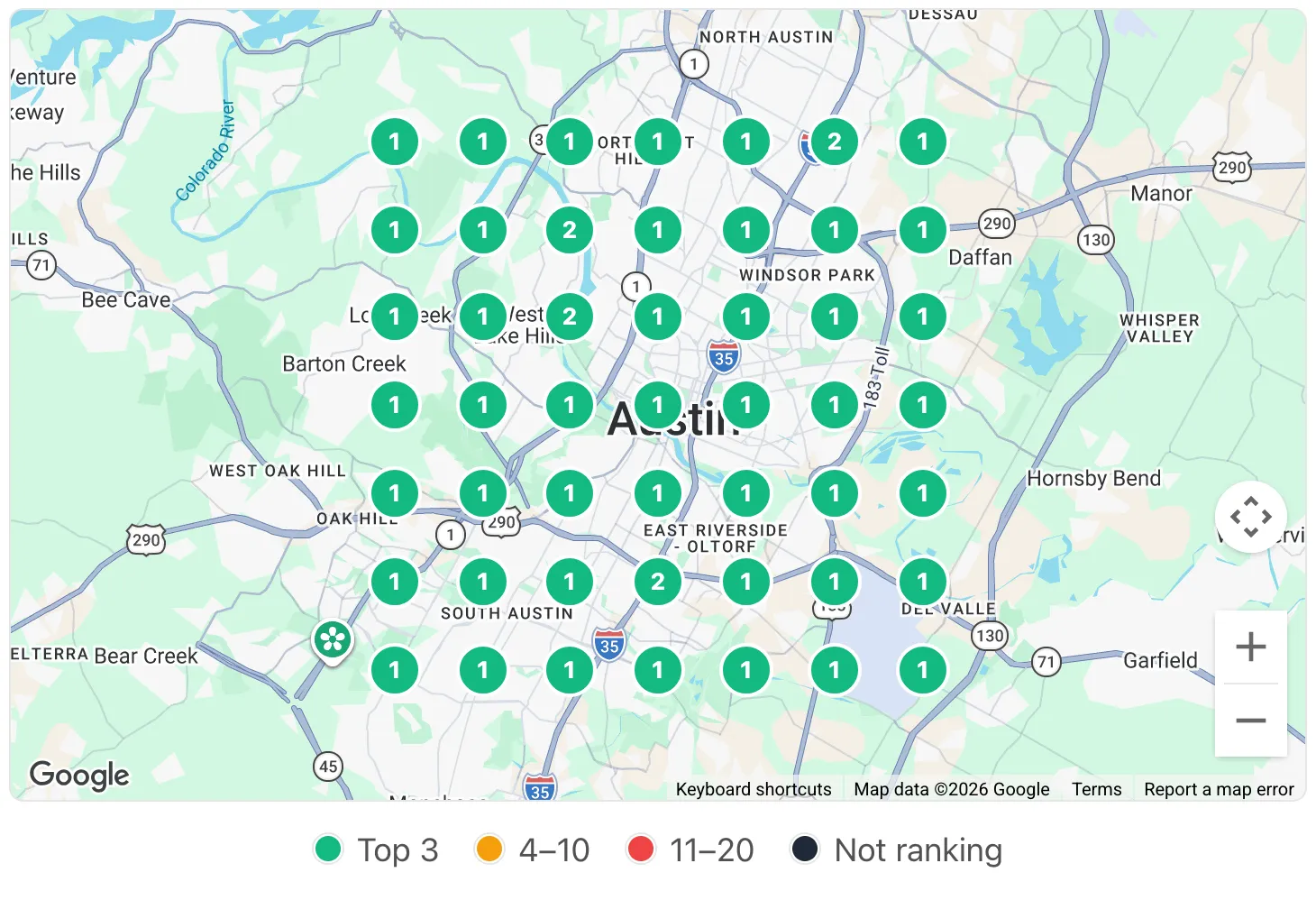 Geo-grid of Google map-pack rankings across Austin, with most grid points ranking in the top three