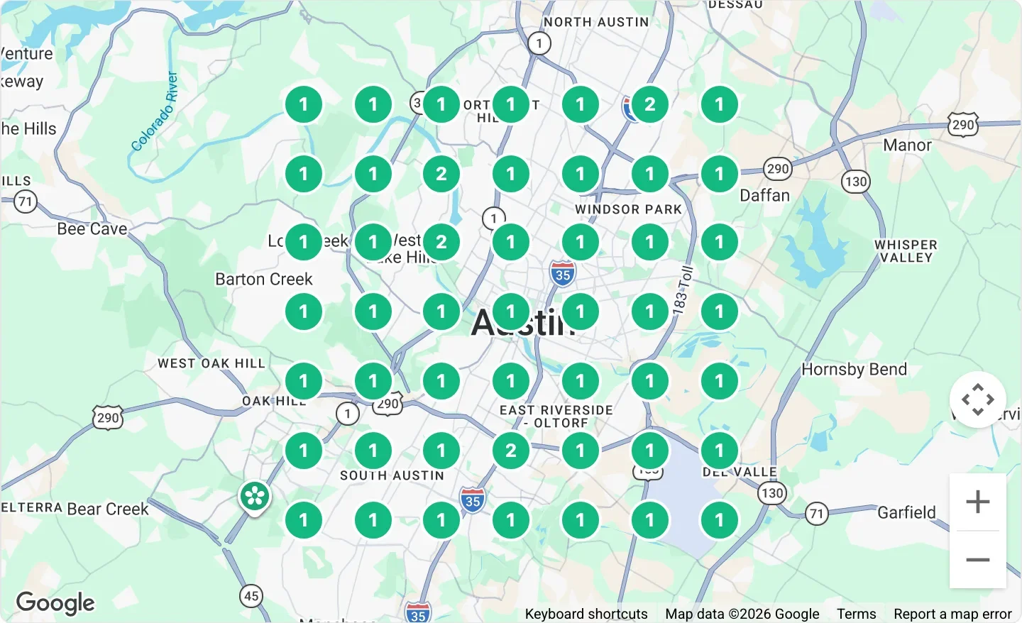 Geo-grid of Google map-pack rankings across Austin, with most grid points ranking in the top three