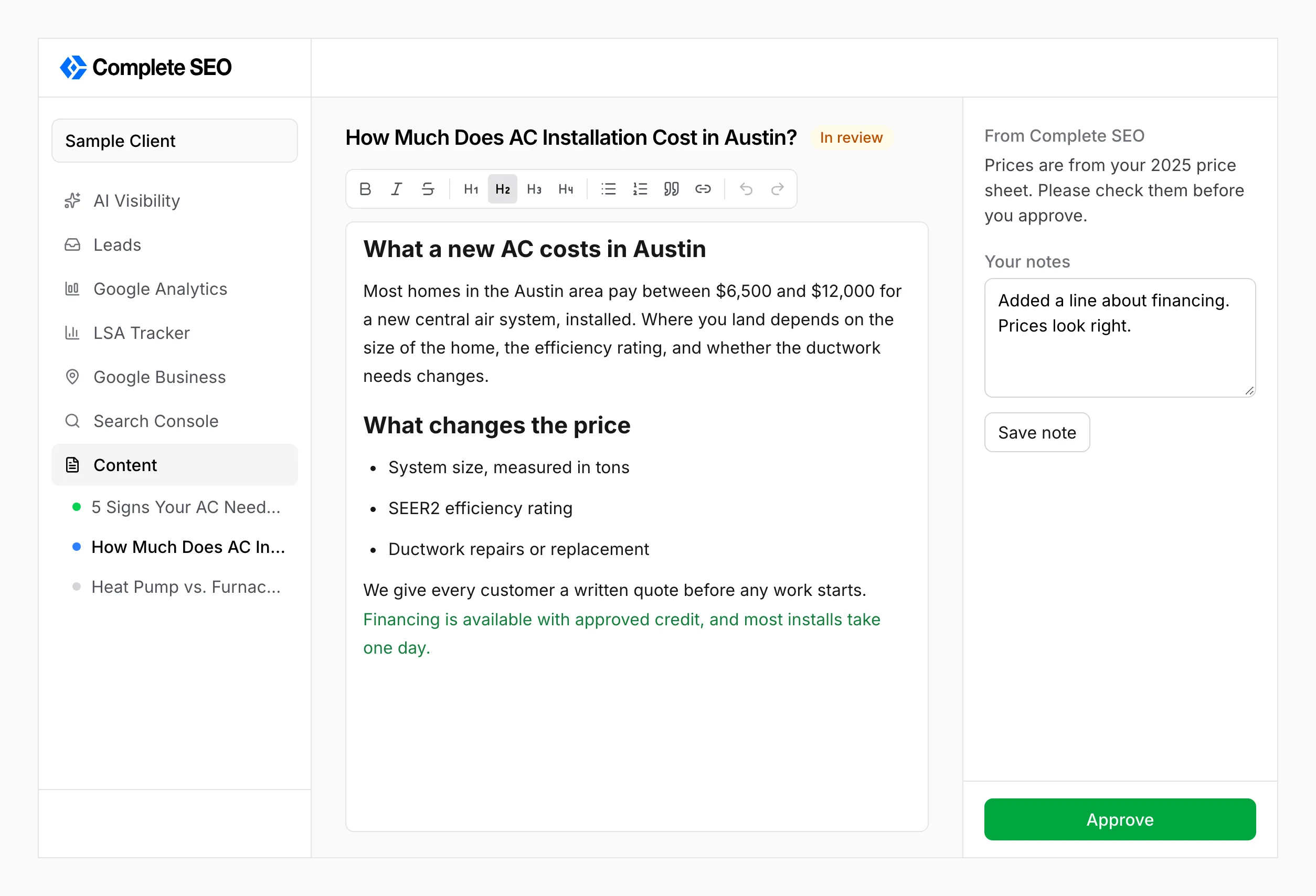 An article open for review, with the editing toolbar, a note from Complete SEO, a box for your notes, and the Approve button