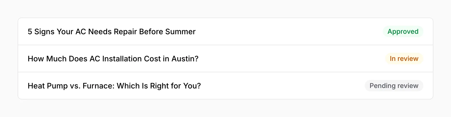 A list of three articles, each with its status: Approved, In review, and Pending review
