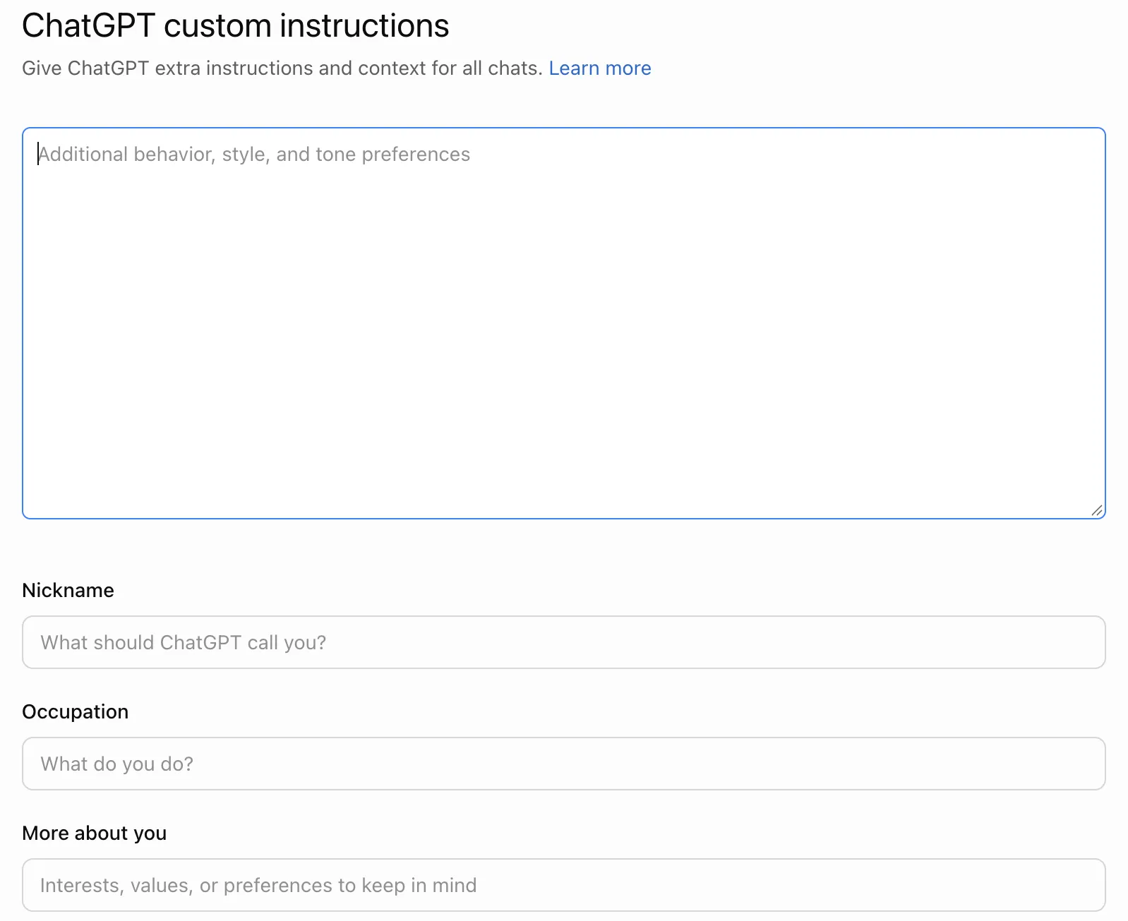 ChatGPT custom instructions page with every field empty