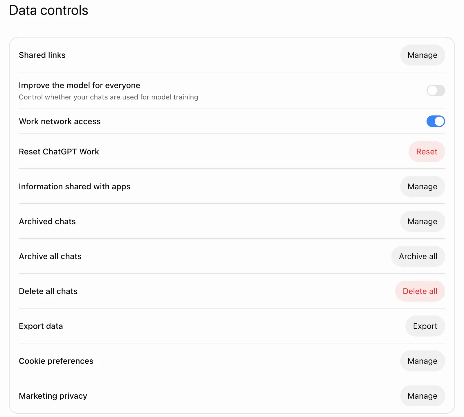 ChatGPT Data controls page with Improve the model for everyone switched off