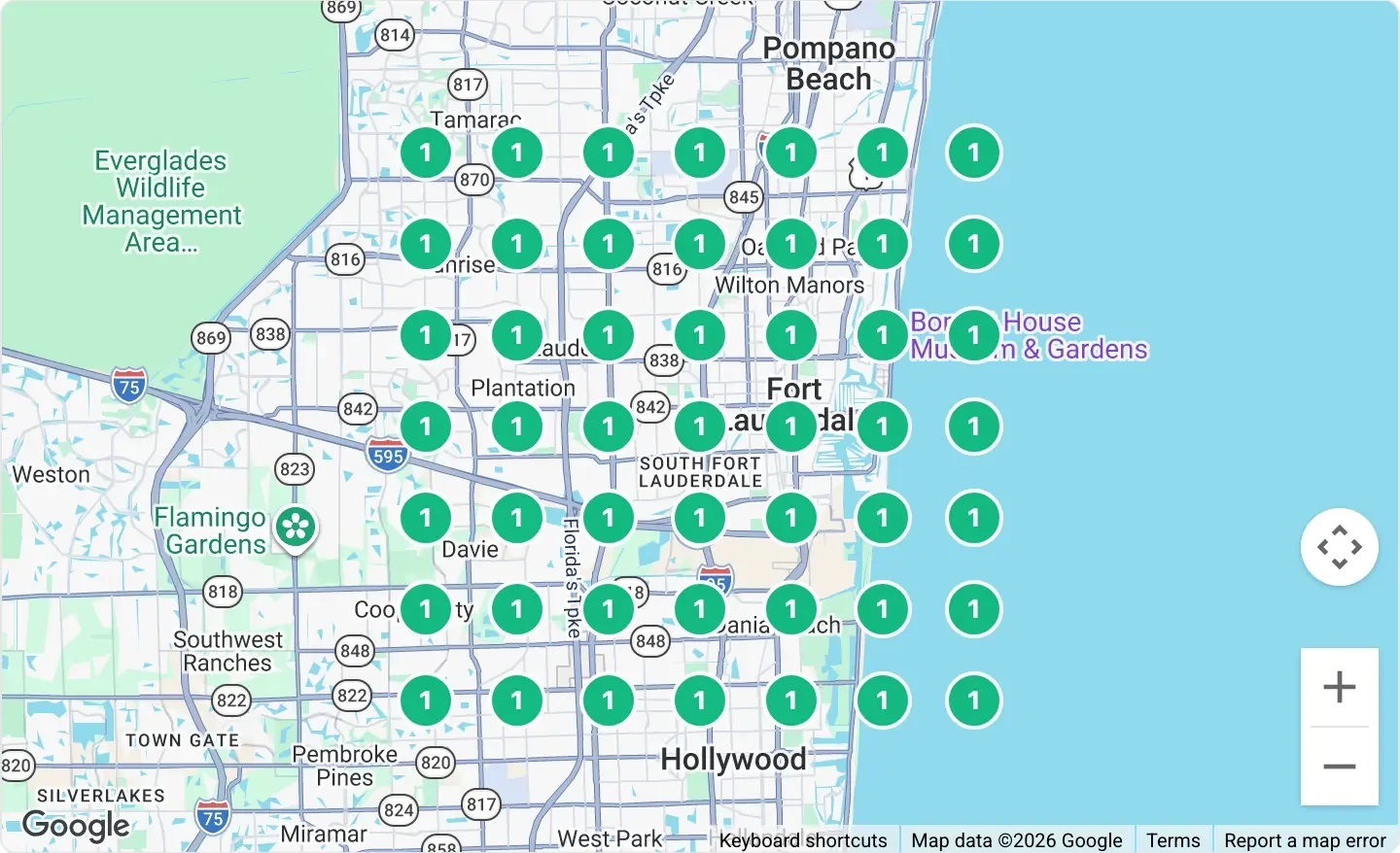 Geo-grid of Google map-pack rankings across Fort Lauderdale, with every grid point ranking first