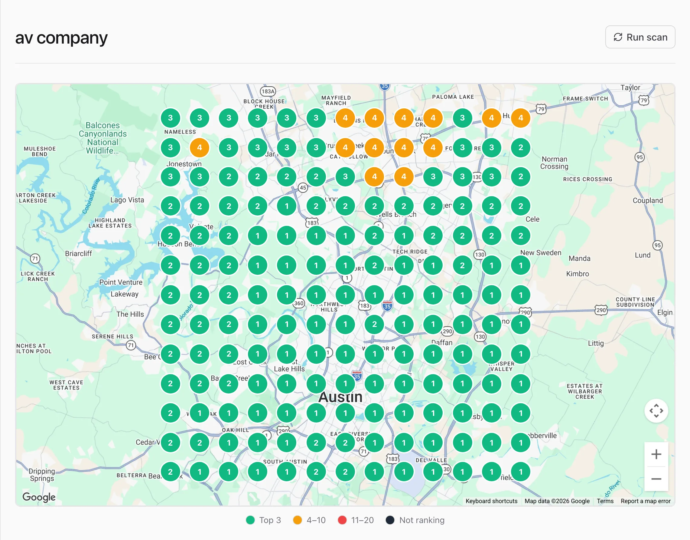The Local Grid view, a 13 by 13 rank scan for av company across Austin