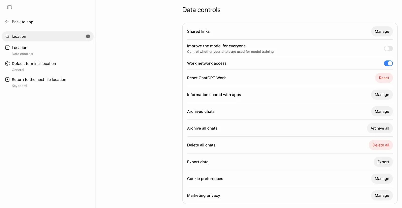 Settings search listing Location under Data controls, beside a Data controls page with no Location row