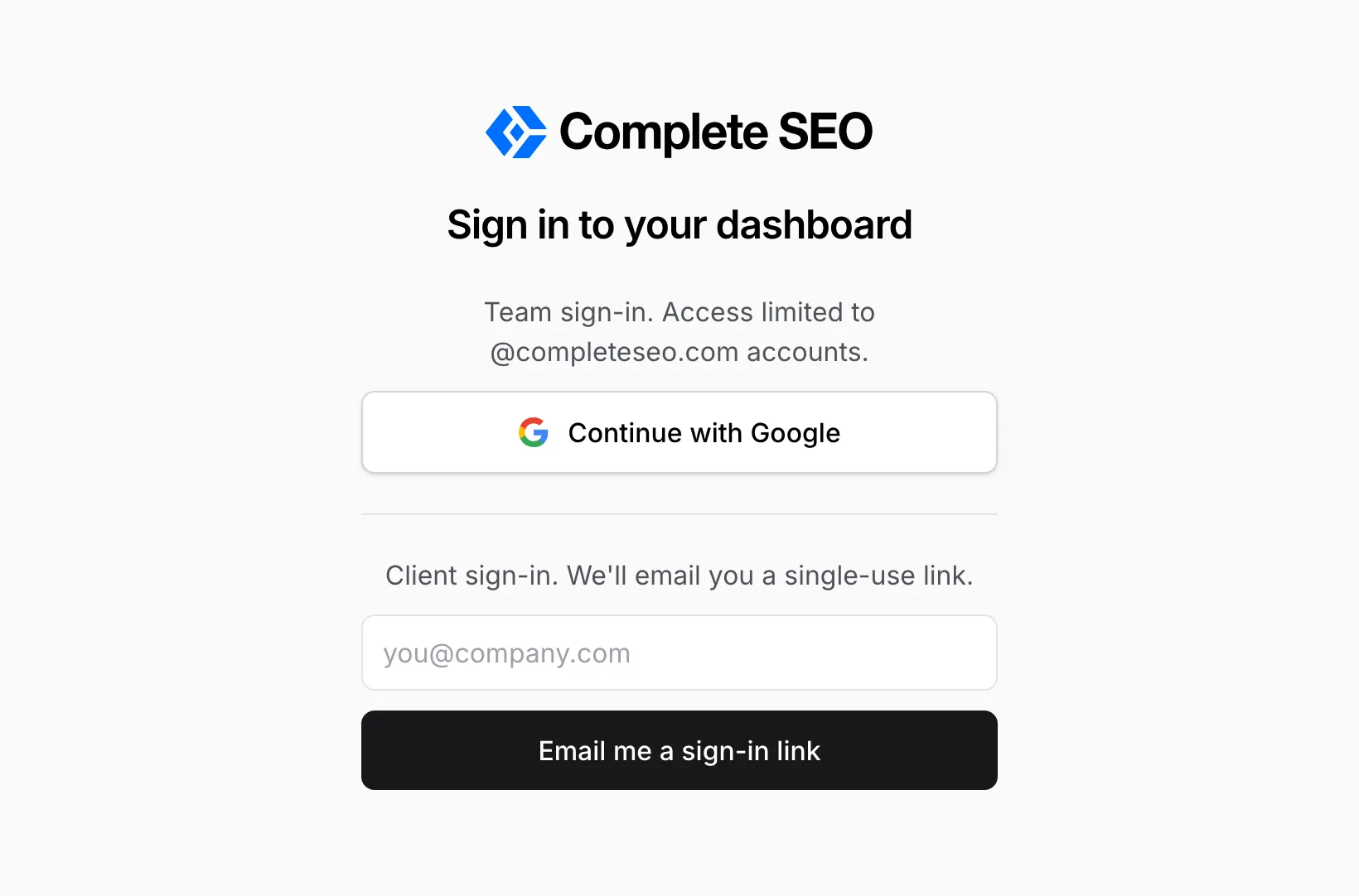 The dashboard sign-in page with the Client sign-in form under the team’s Google button