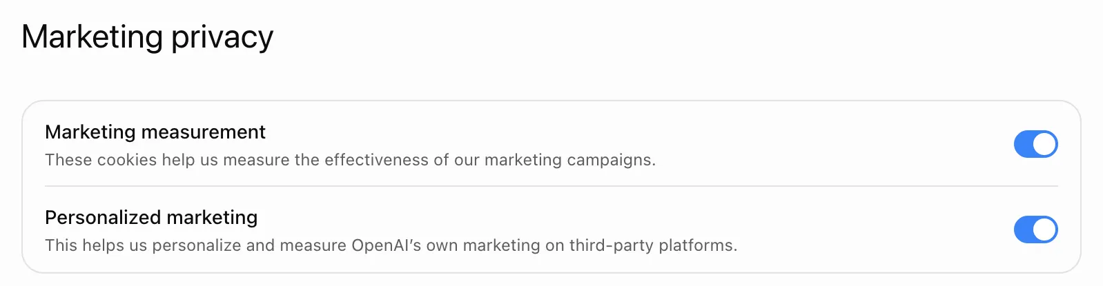 Marketing privacy page with both switches on