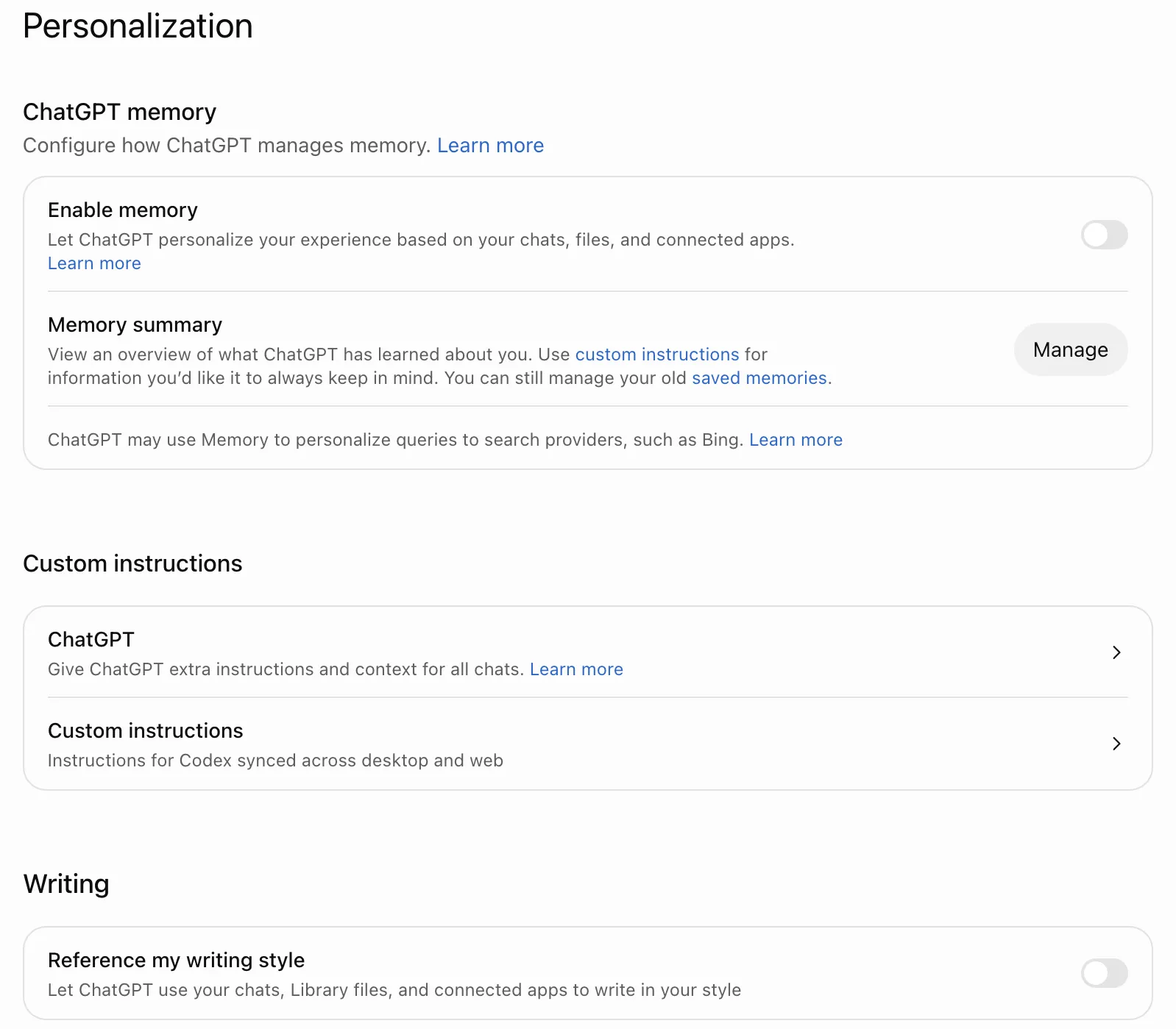 ChatGPT Personalization settings with Enable memory and Reference my writing style switched off