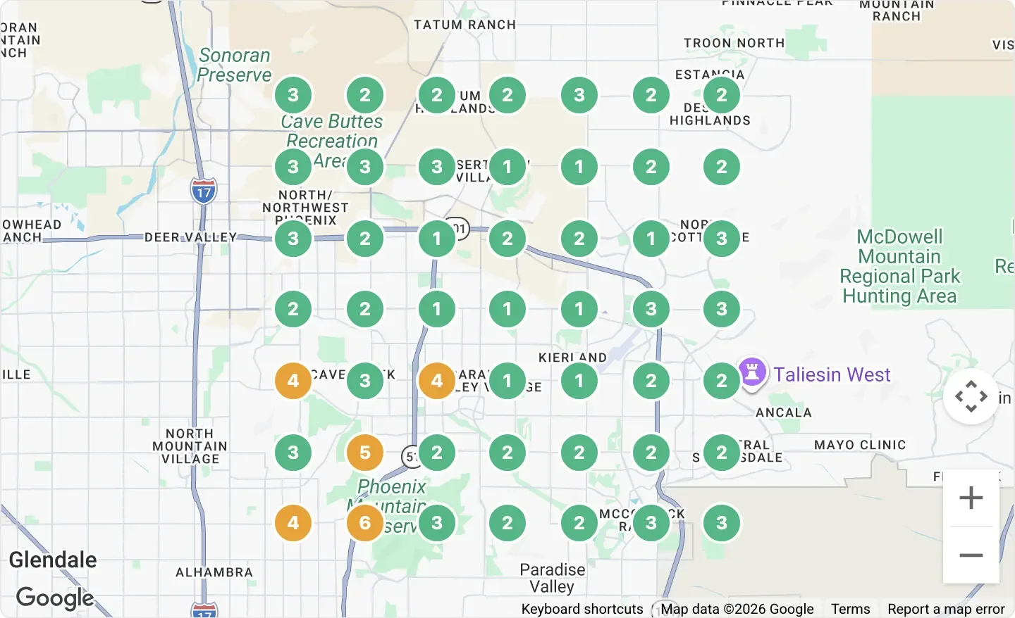 Geo-grid of Google map-pack rankings across Phoenix, with 44 of 49 grid points ranking in the top three
