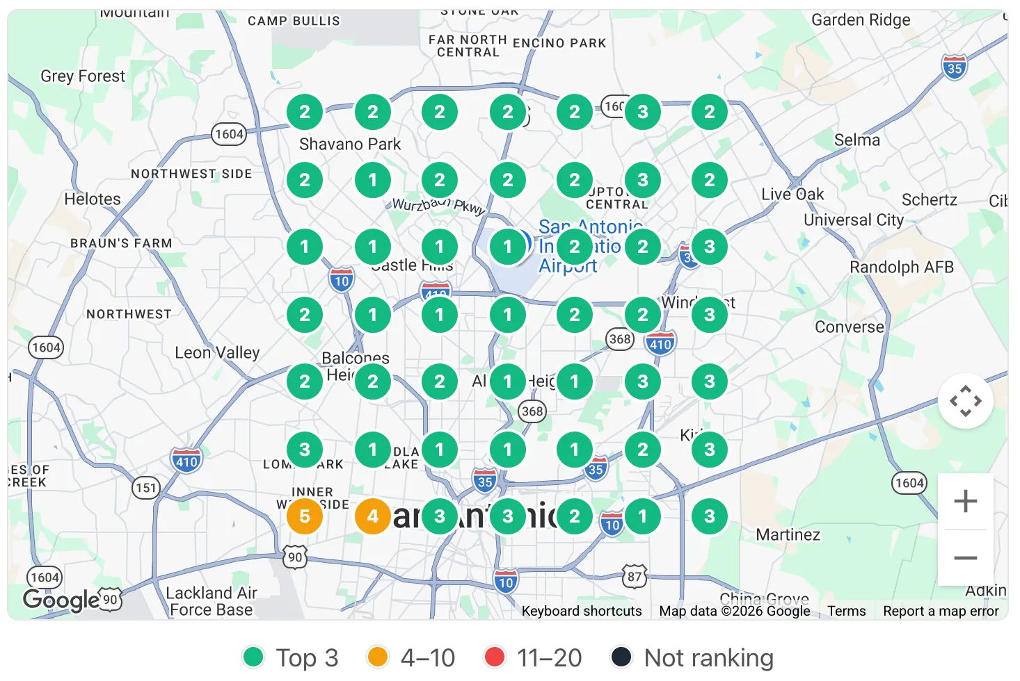 Geo-grid of Google map-pack rankings across the San Antonio metro, with most grid points ranking in the top three