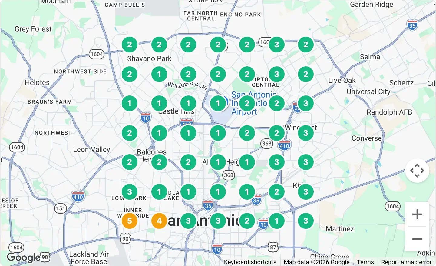 Geo-grid of Google map-pack rankings across San Antonio, with 47 of 49 grid points ranking in the top three