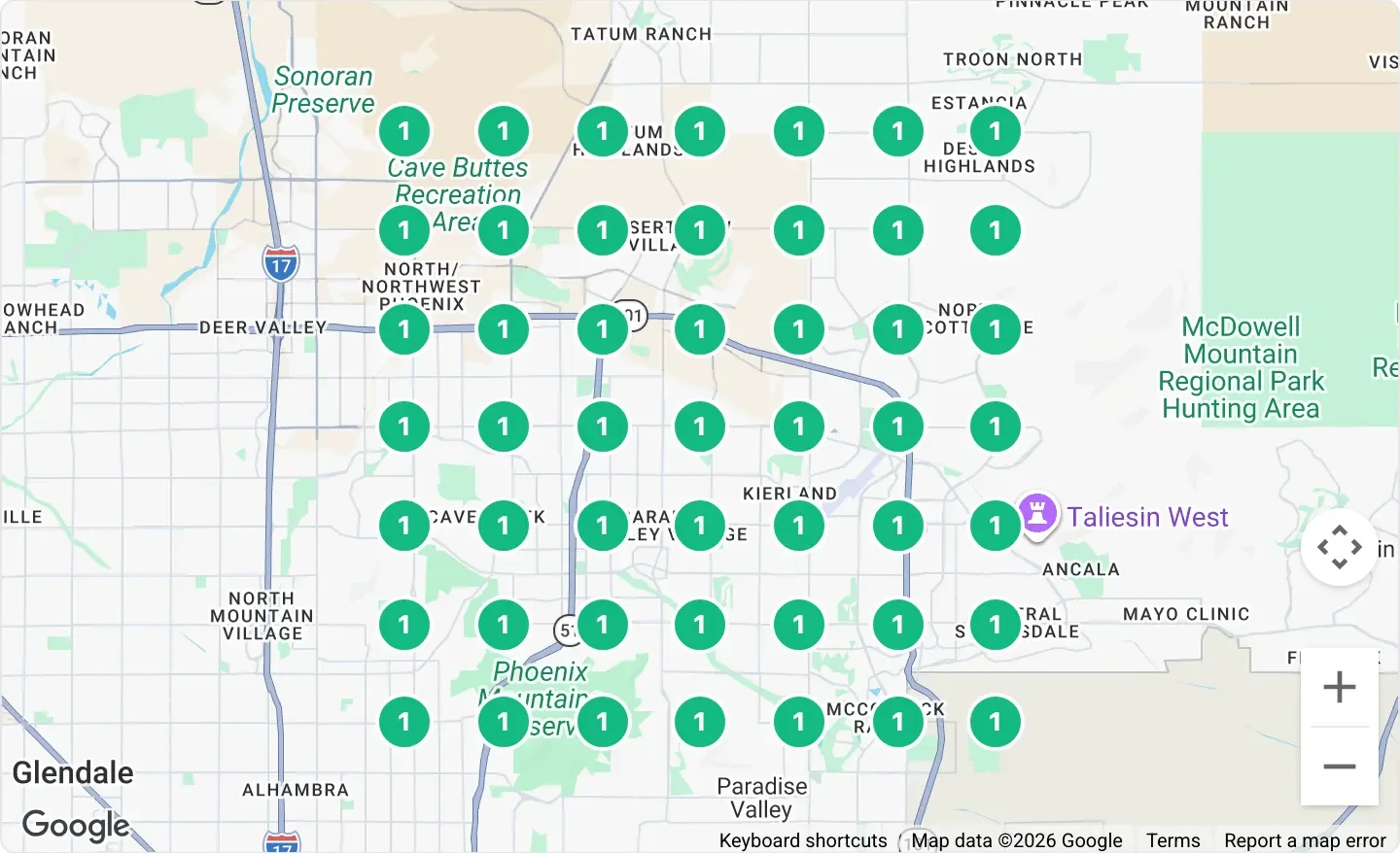Geo-grid of Google map-pack rankings across Scottsdale, with every grid point ranking first