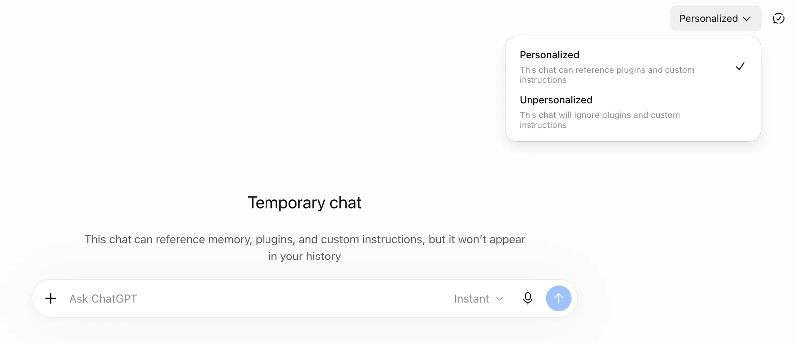 Temporary chat menu showing the Personalized and Unpersonalized options