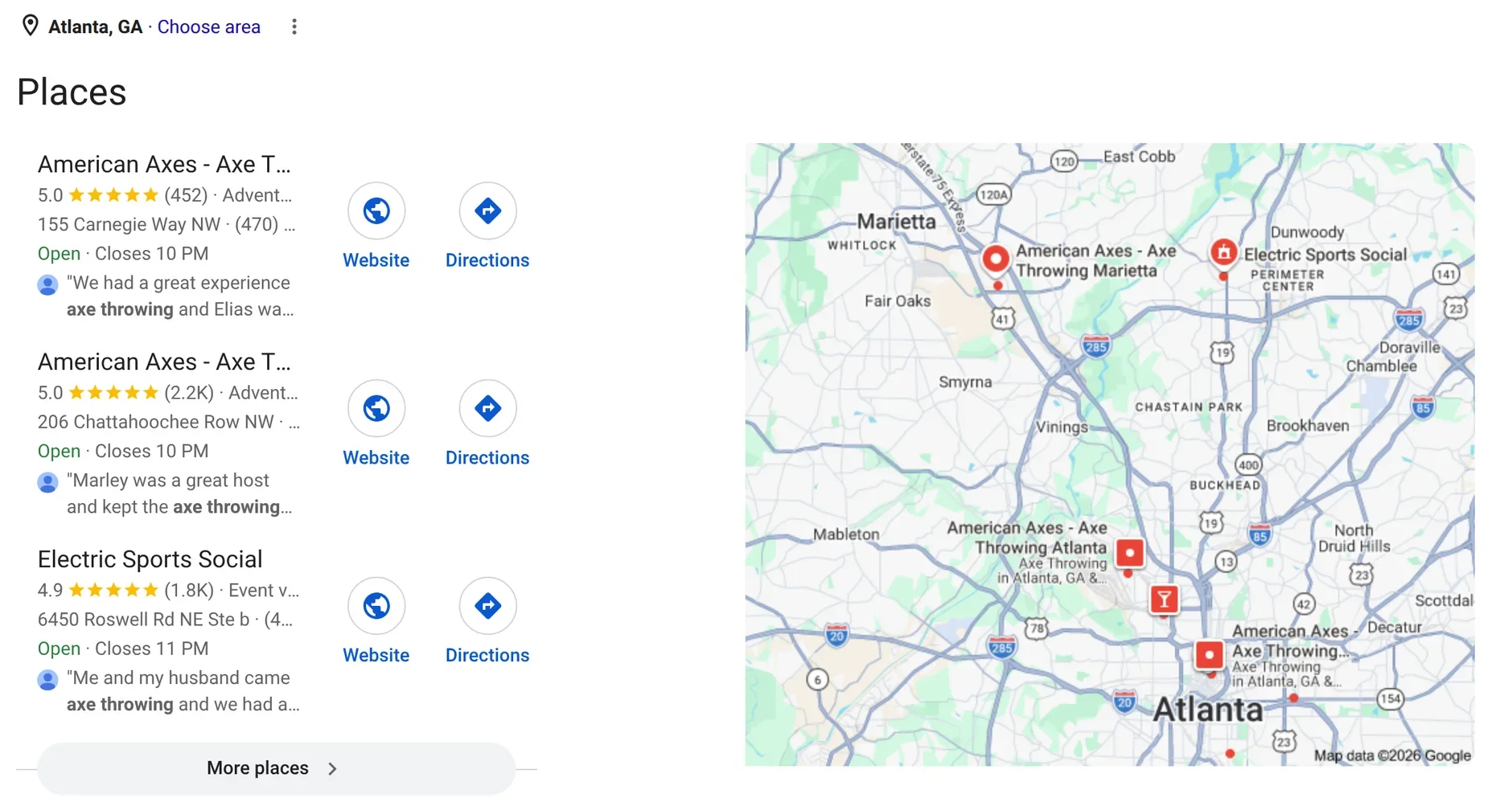 Google results for axe throwing in Atlanta, GA, with American Axes first in the map pack