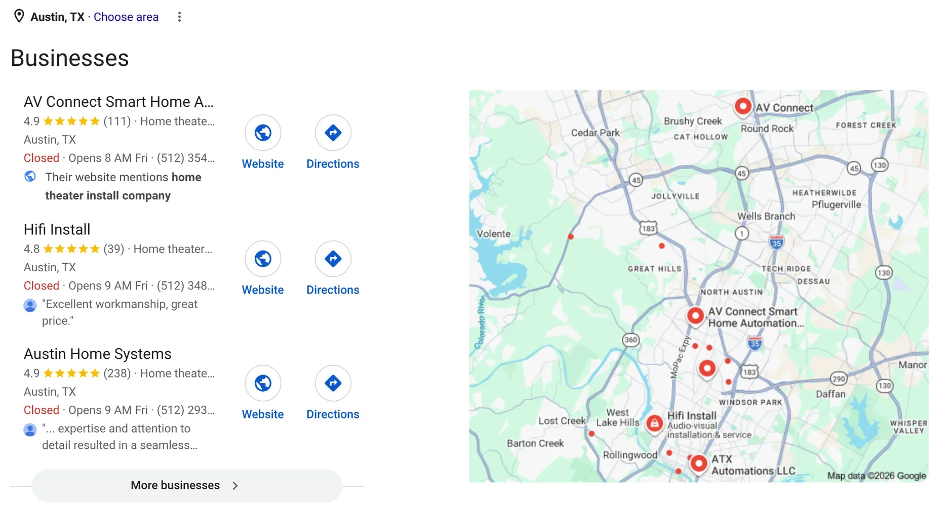 Google results for home theater installation companies in Austin, TX, with AV Connect first in the map pack