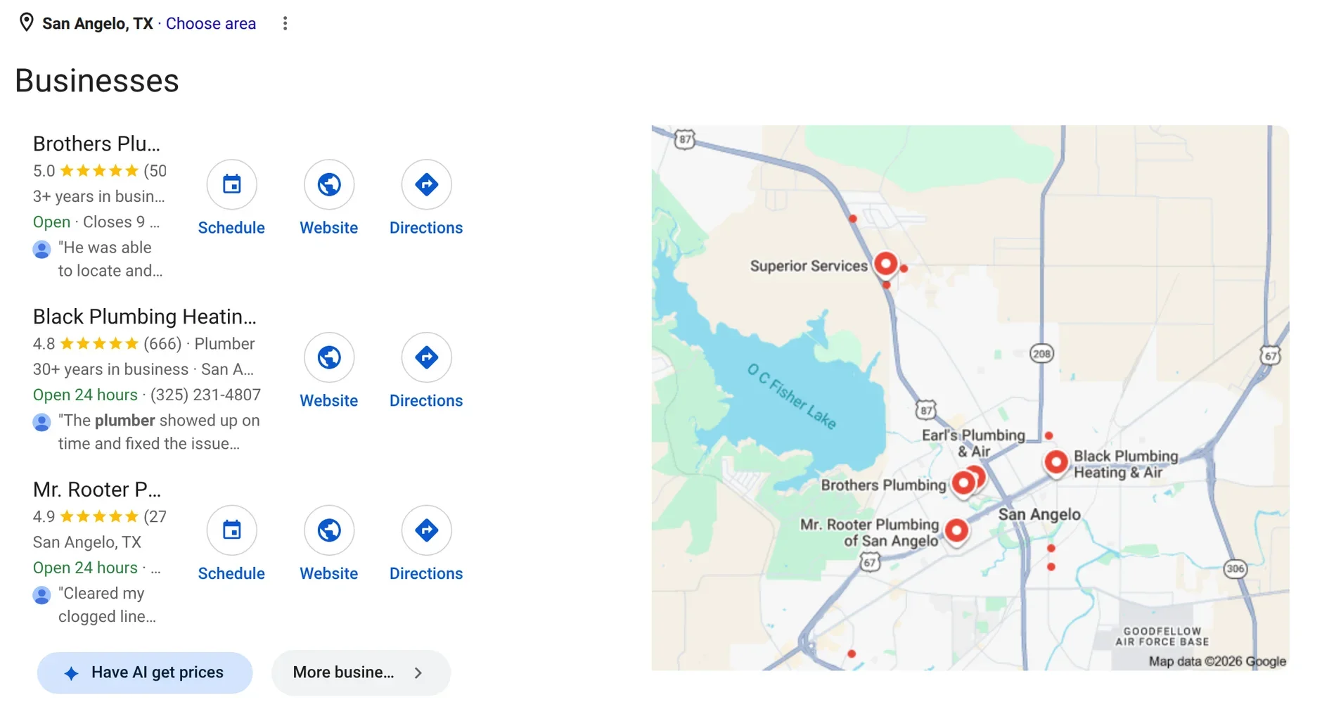 Google results for plumber near me in San Angelo, TX, with Brothers Plumbing first in the map pack