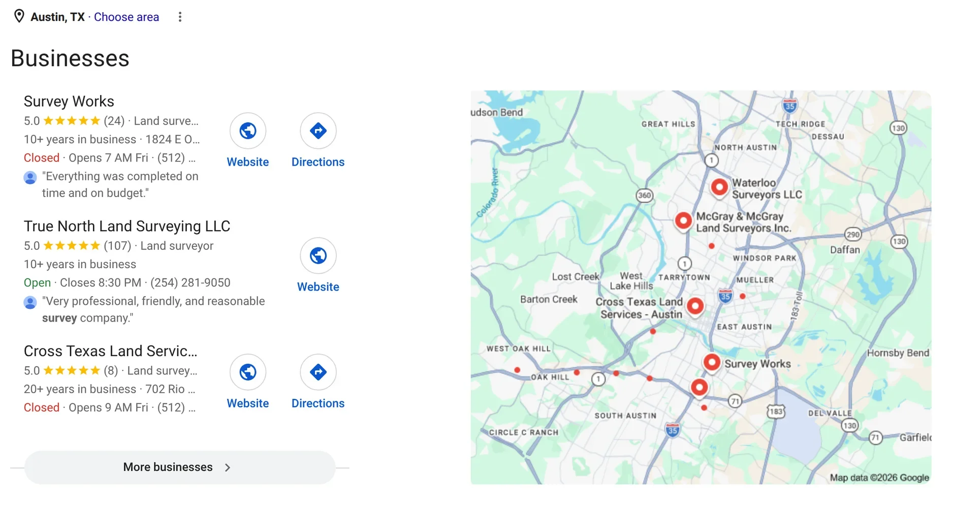 Google results for land surveyor in Austin, TX, with Survey Works first in the map pack