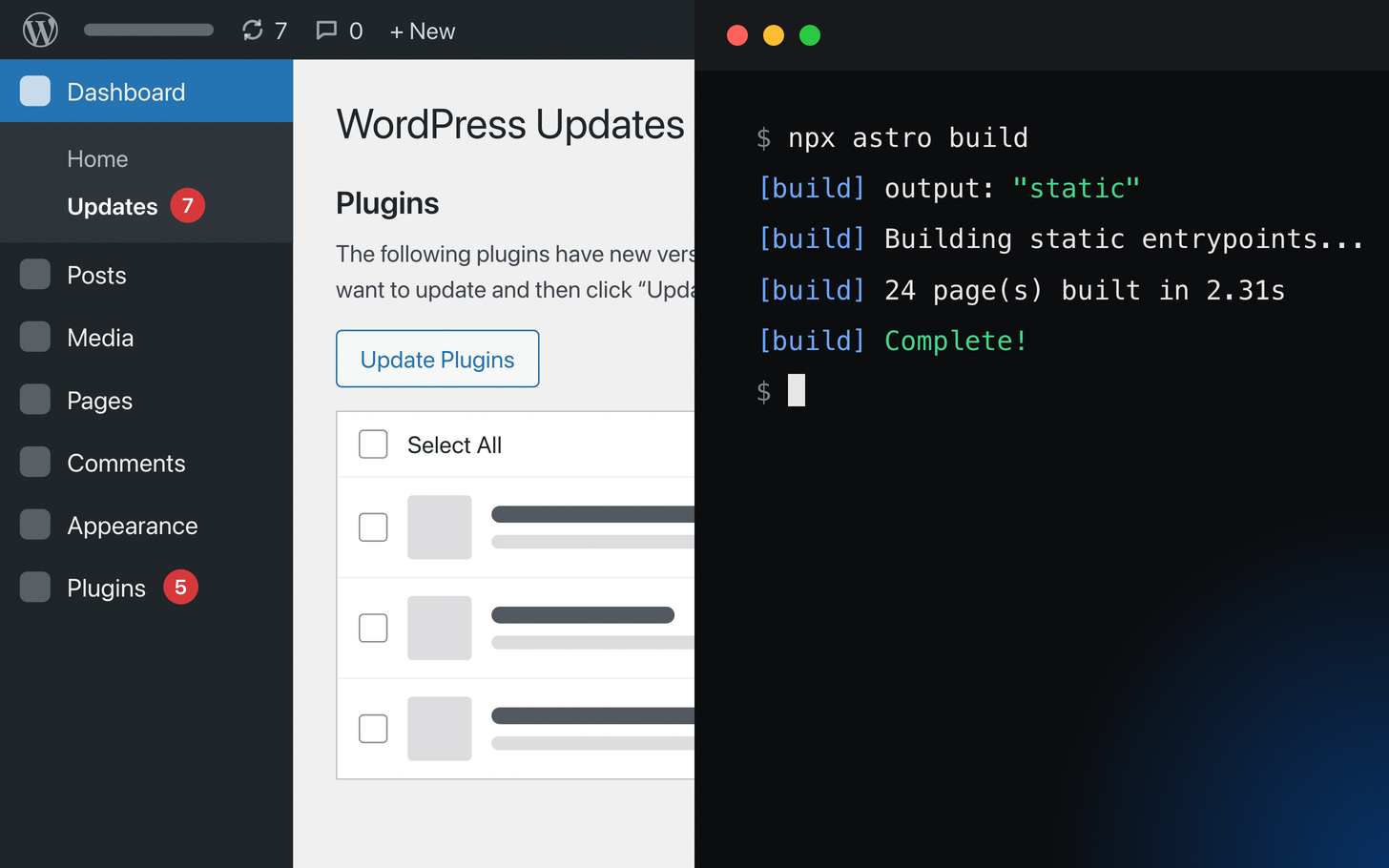 A WordPress dashboard on the left, open to its Updates page with plugins waiting for new versions and red badges counting 7 updates and 5 plugins, beside a terminal on the right where an Astro build finishes: 24 pages built in 2.31 seconds, complete.