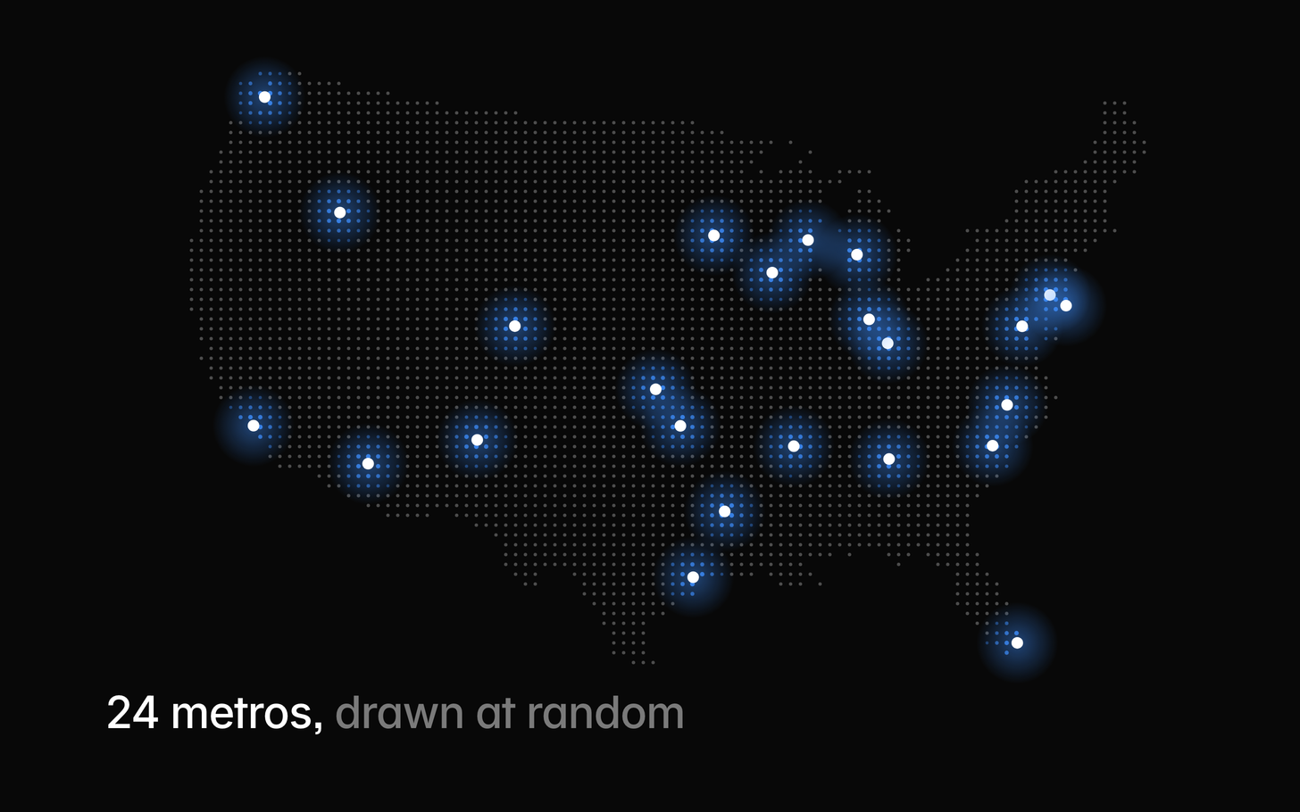 A dot map of the lower 48 states with the study's 24 randomly drawn metros lit in blue.