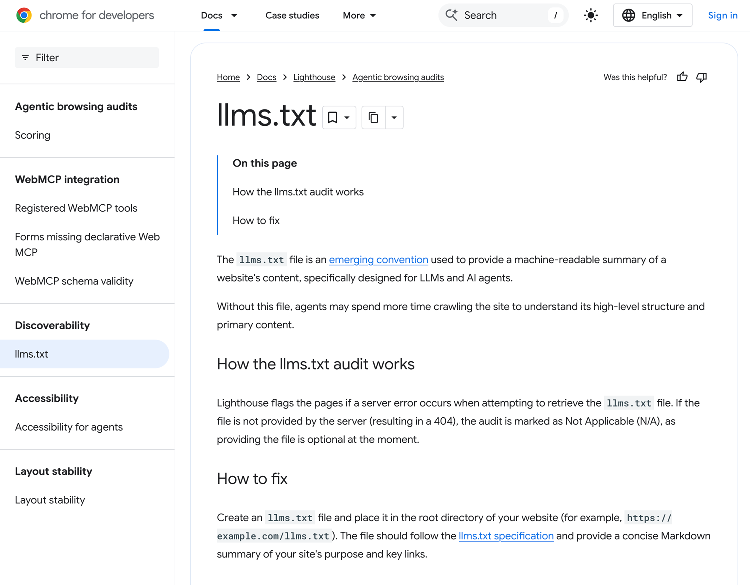 google lighthouse llms txt audit