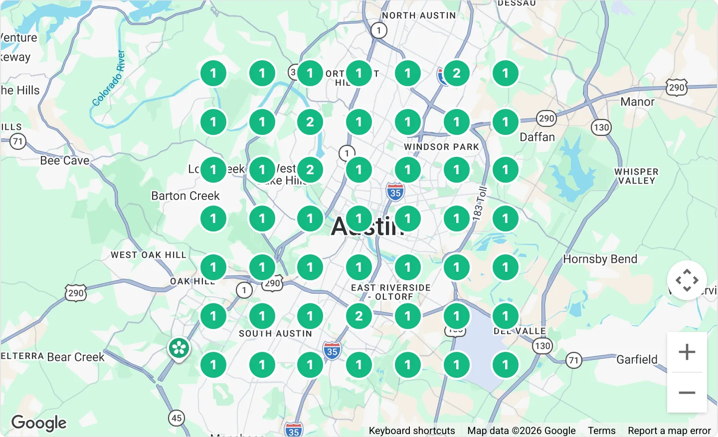 Geo-grid of Google map-pack rankings across Austin, with every grid point ranking first or second
